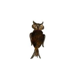 Vintage Gold Tone Owl Pin Brooch Rhinestone Eyes Unique‎ Bird Jewelry